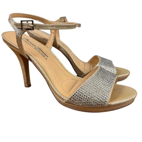 Badgley Mischka American Glamour Womens Rhinestone Gold Ankle Strap Heels sz 6.5 - Picture 1 of 16